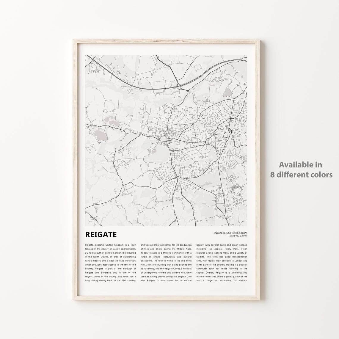 Reigate England Surrey Minimalist Monochrome Street Map Town Poster