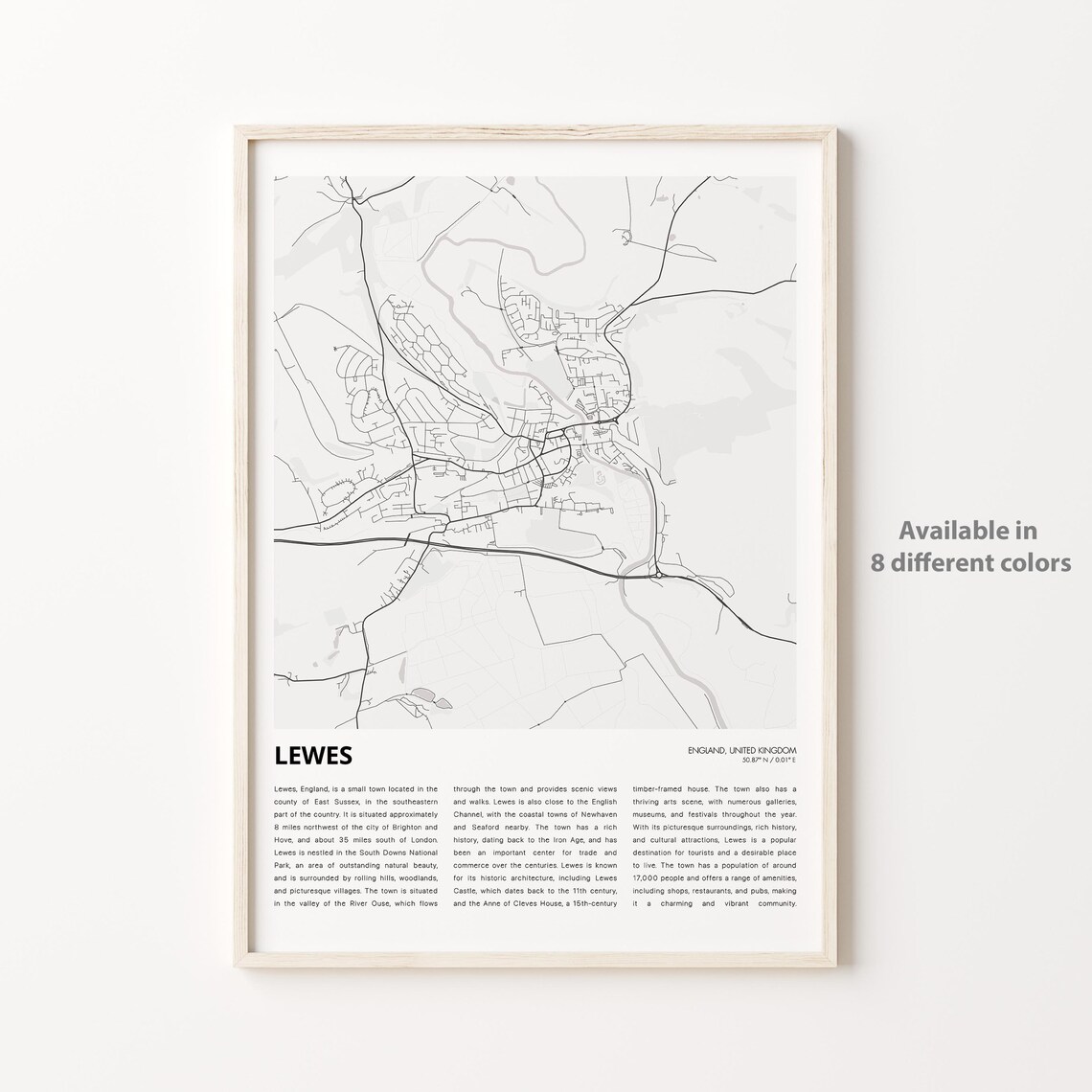 Lewes England Minimalist City Street Map Travel Decor Poster