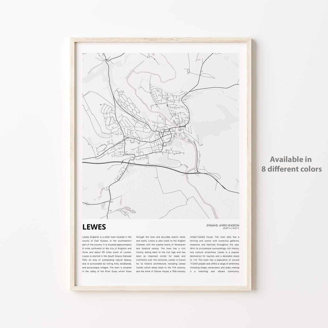Lewes Map Print Travel Wall Decor Art England Housewarming Gift