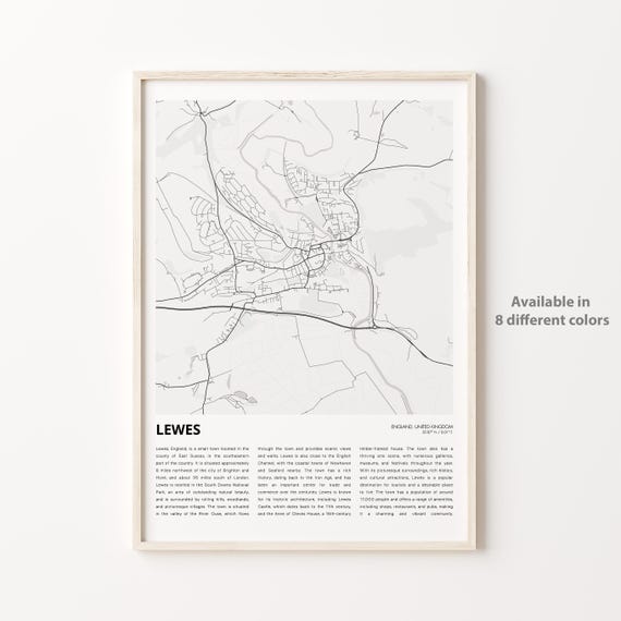 Lewes Map Print Travel Wall Decor Art England Housewarming Gift