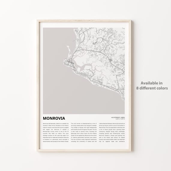 Monrovia Map Print Travel Wall Decor Art Montserrado Housewarming Gift