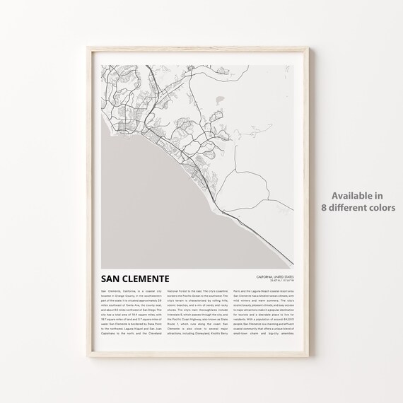 San Clemente California Coastal Minimalist Beach City Street Map Poster