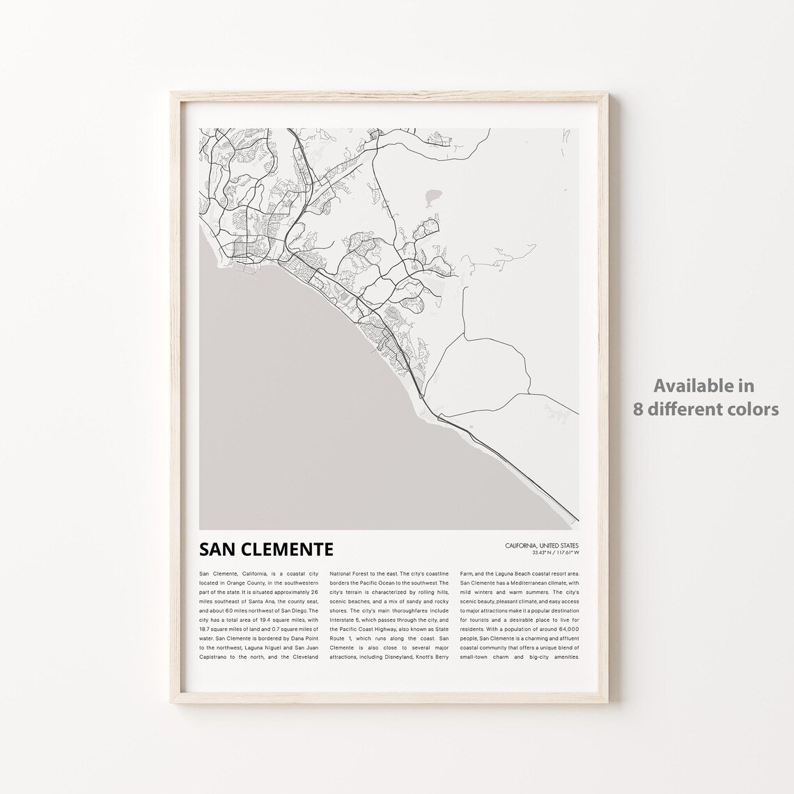 San Clemente California Coastal Minimalist Beach City Street Map Poster