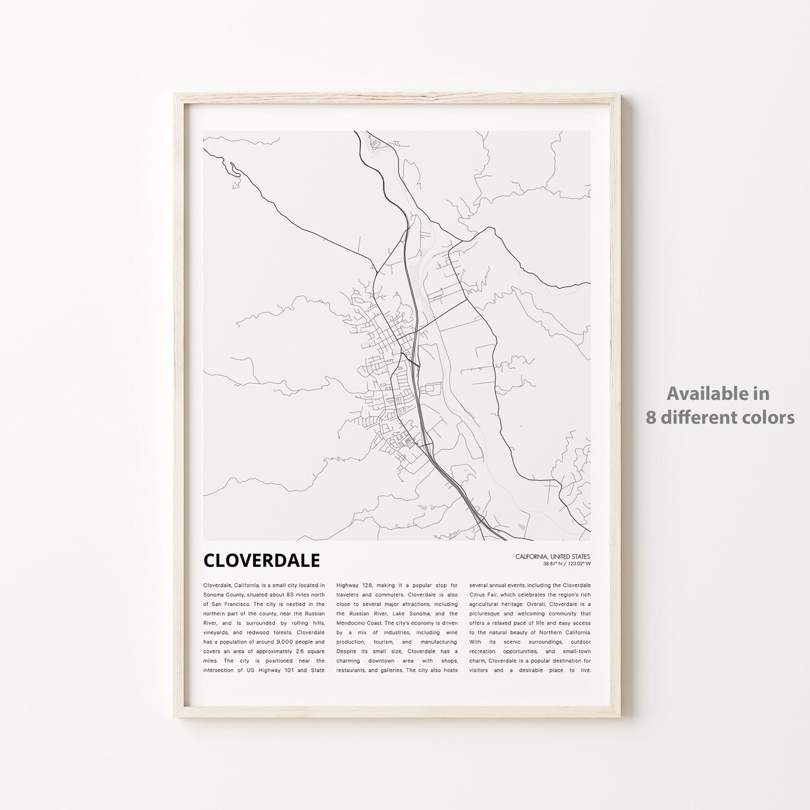 Cloverdale California City Street Map Modern Travel Gift Poster