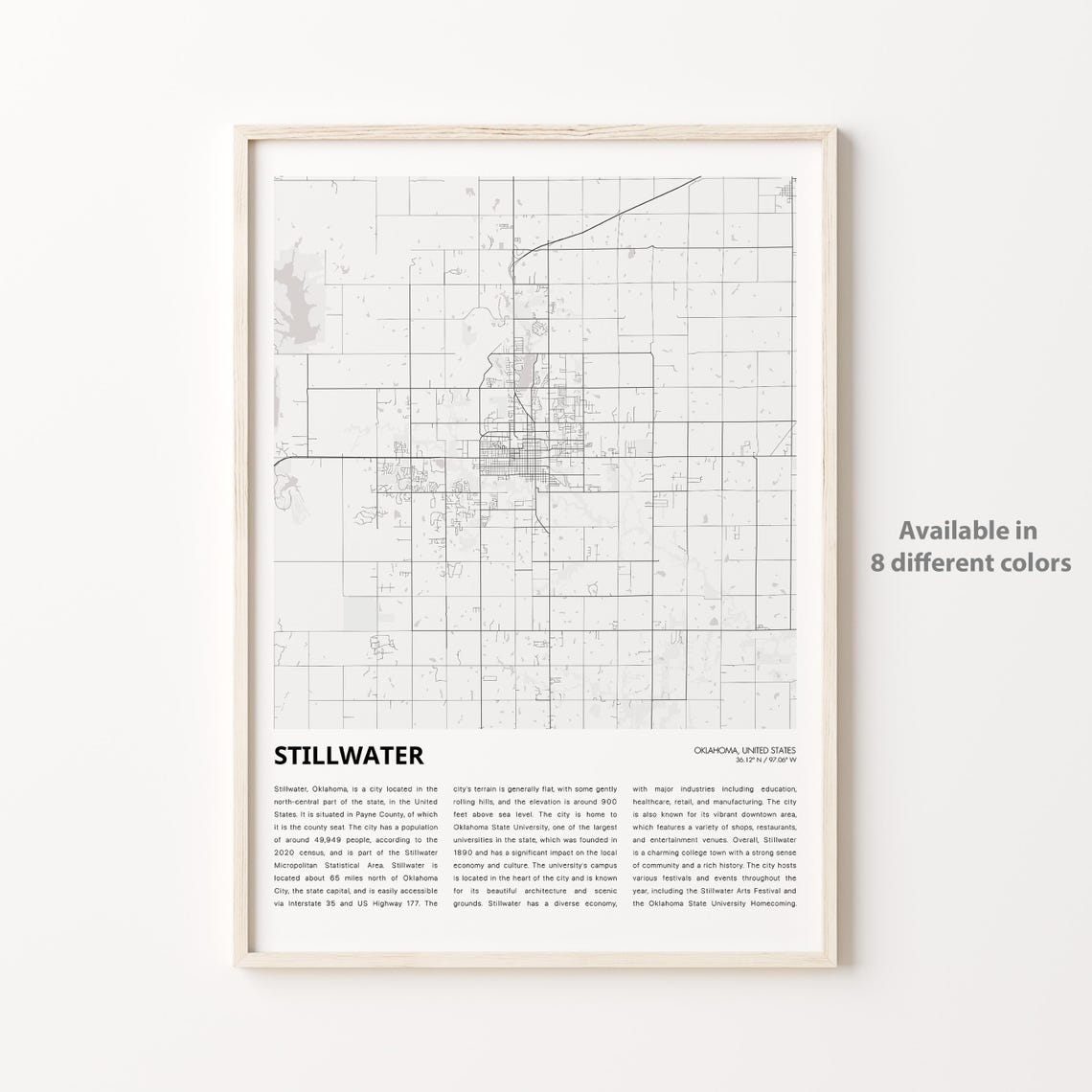 Stillwater Oklahoma City Street Map Minimalist Black White Art Poster