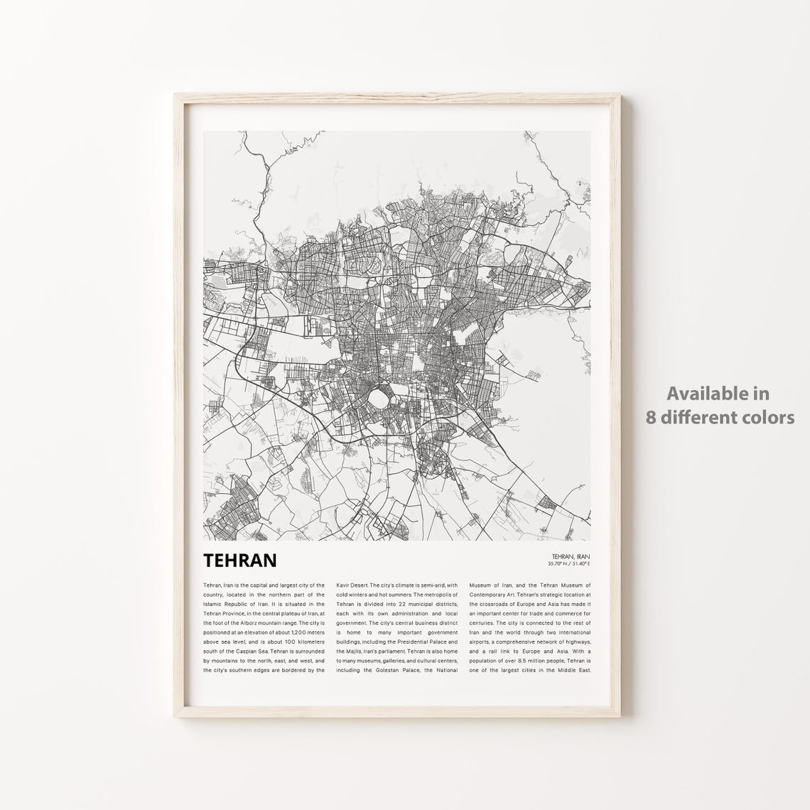 Tehran Iran Capital Minimalist Black and White Street Map Poster