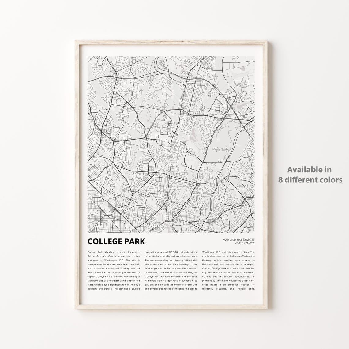 College Park Map Print Travel Wall Decor Art Maryland Housewarming Gift