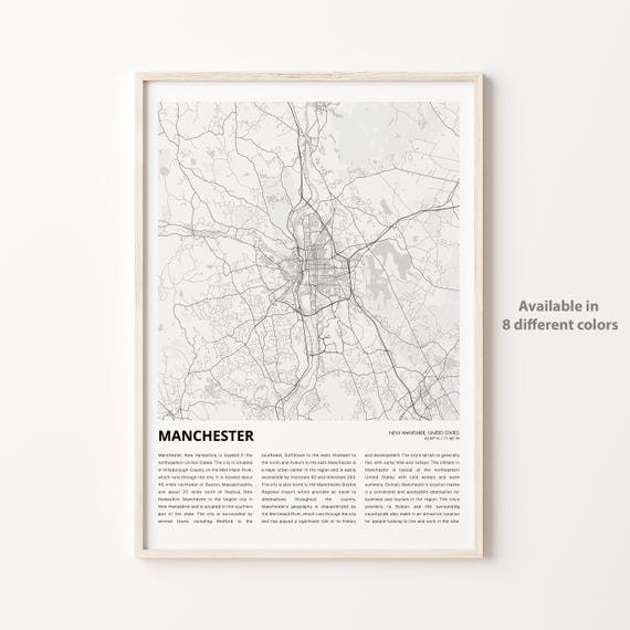 Manchester Map Print Travel Wall Decor Art New Hampshire Housewarming Gift