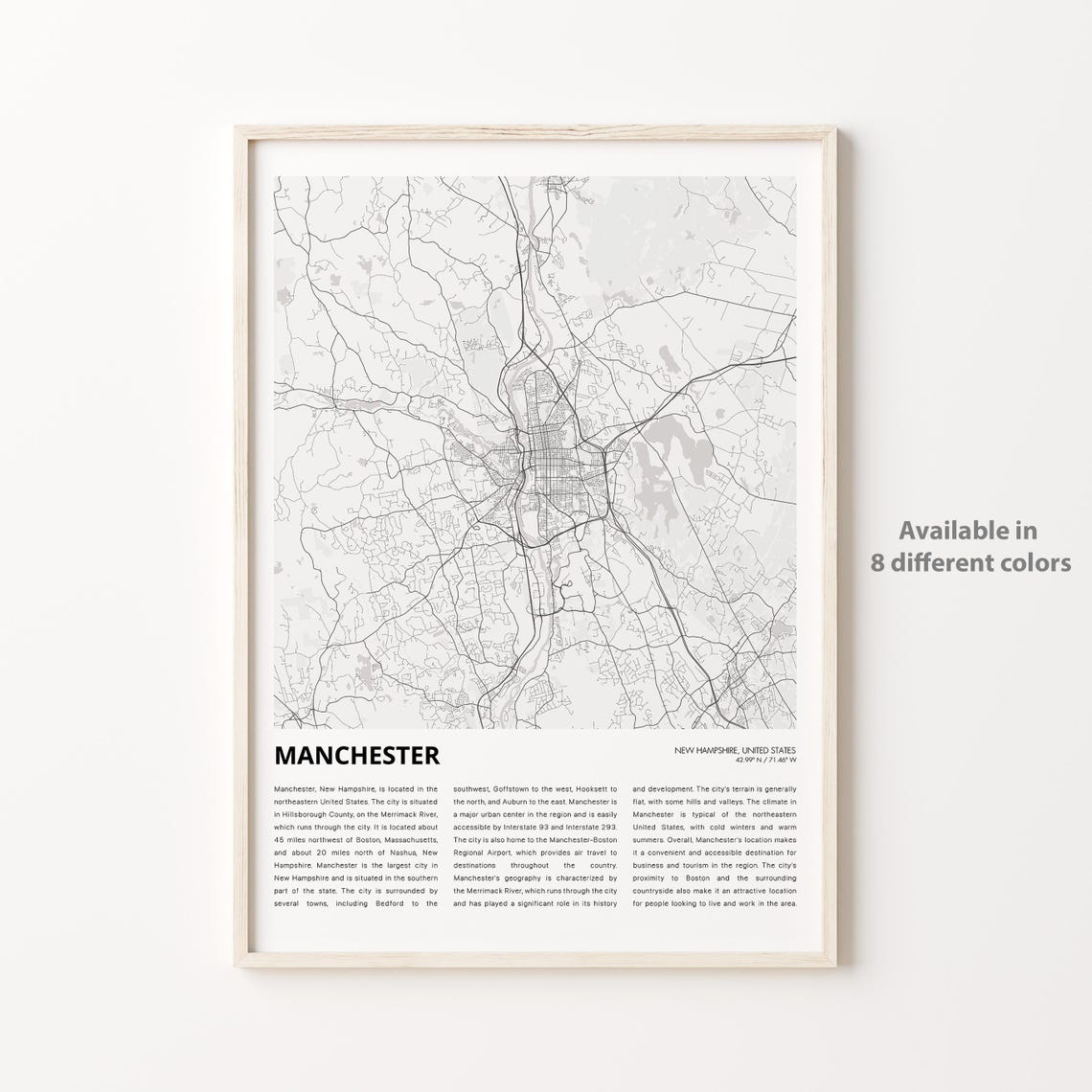 Manchester Map Print Travel Wall Decor Art New Hampshire Housewarming Gift