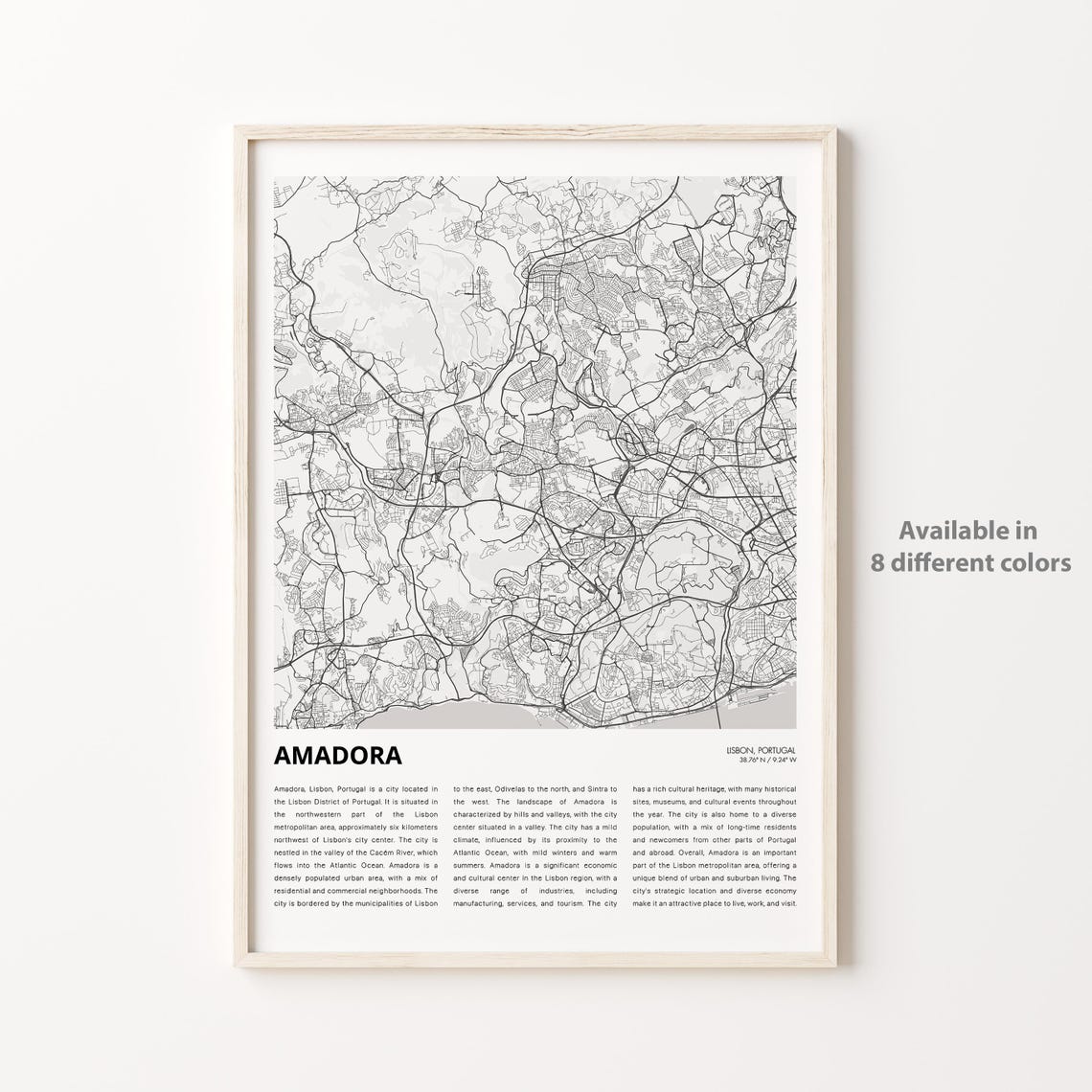 Amadora Map Print Travel Wall Decor Art Lisbon Housewarming Gift Personalized Poster