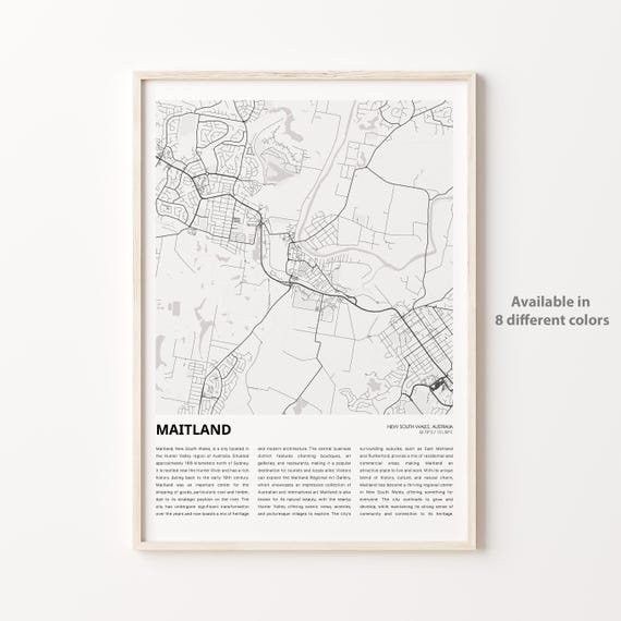 Maitland Map Print Travel Wall Decor Art New South Wales Housewarming Gift