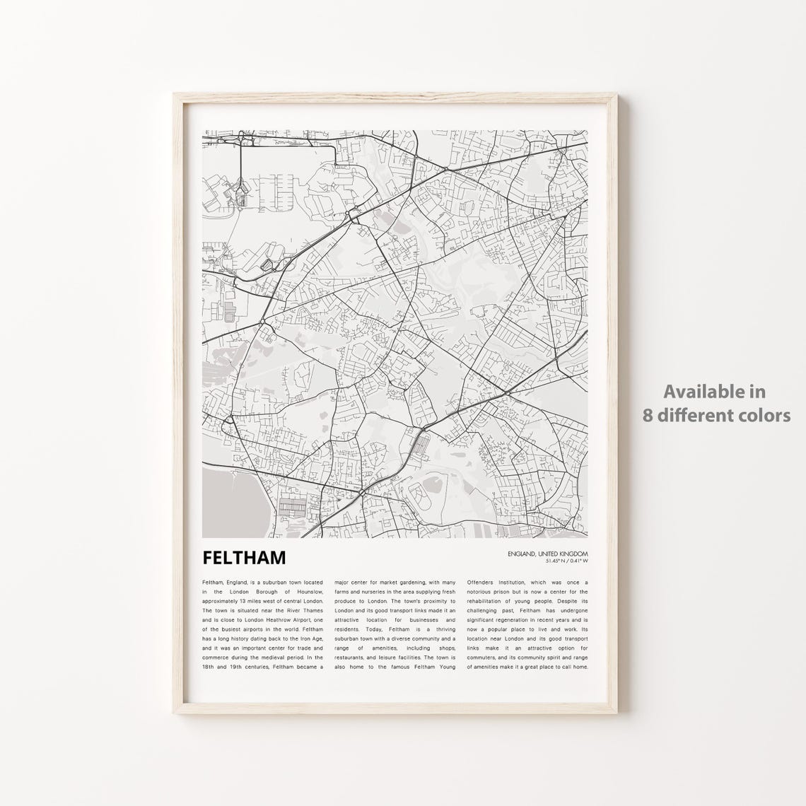 Feltham Map Print Travel Wall Decor Art England Housewarming Gift