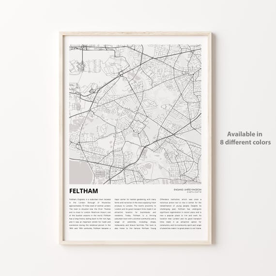 Feltham Map Print Travel Wall Decor Art England Housewarming Gift