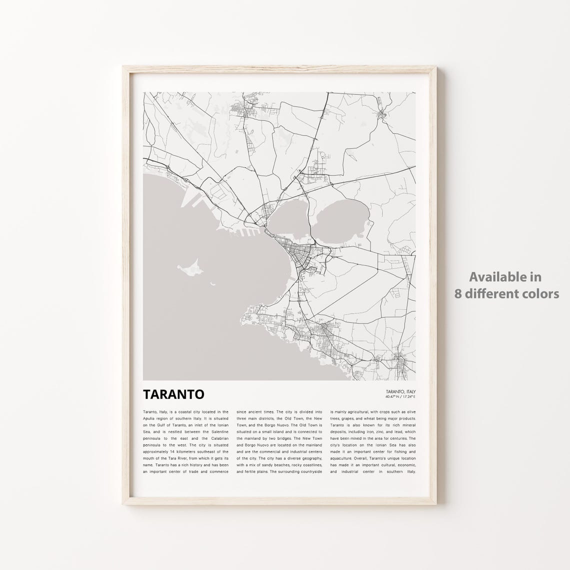 Taranto Italy Minimalist Black White Street Map Travel Poster