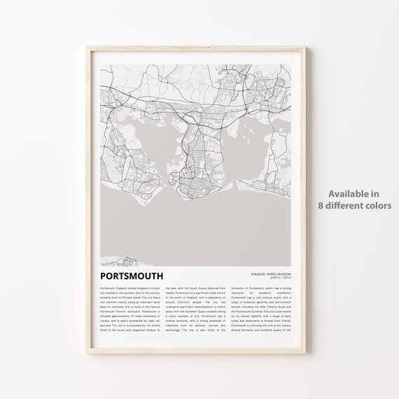 Portsmouth England Coastal City Street Map Poster With Local History