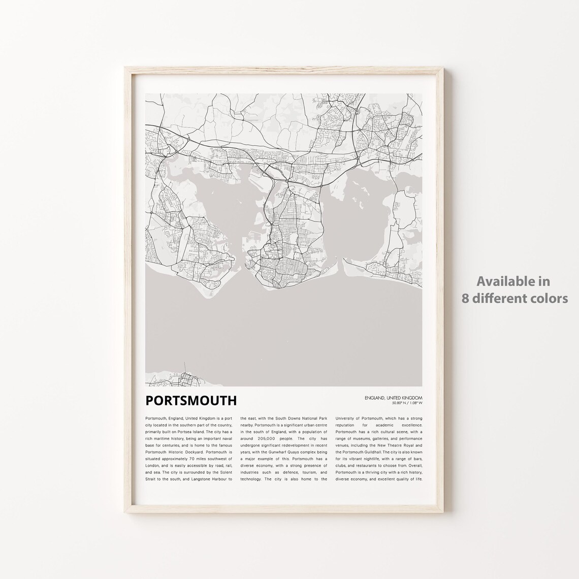 Portsmouth England Coastal City Street Map Poster With Local History