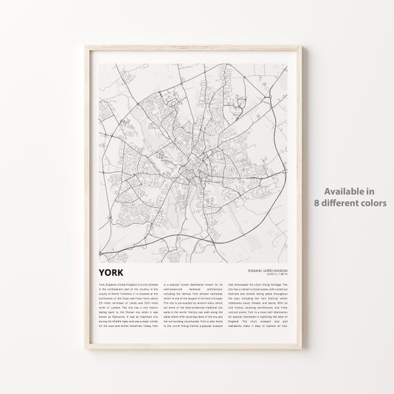 York Map Print Travel Wall Decor Art England Housewarming Gift