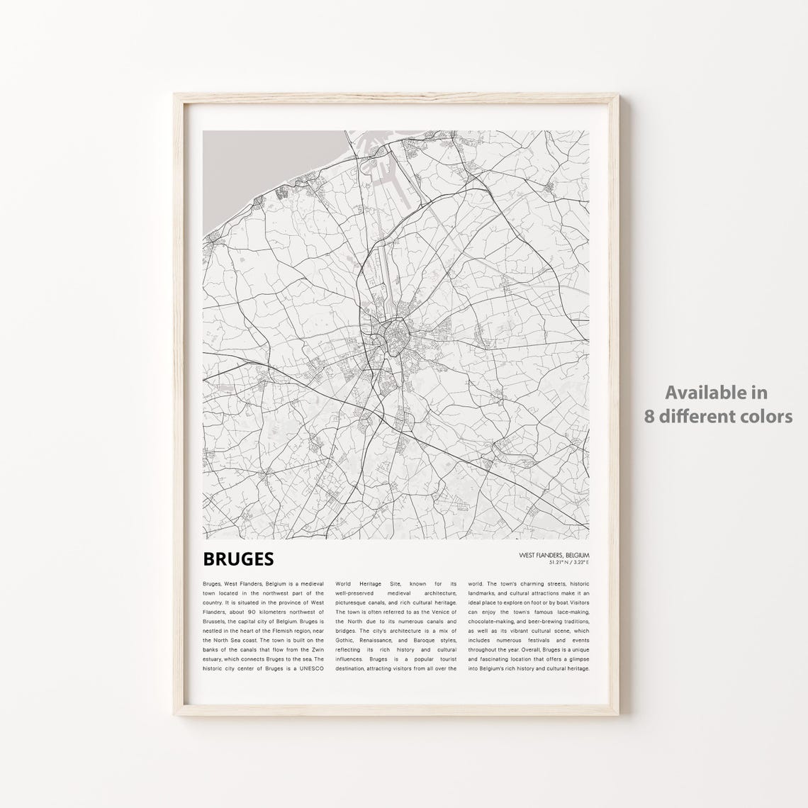 Bruges Map Print Travel Wall Decor Art West Flanders Housewarming Gift