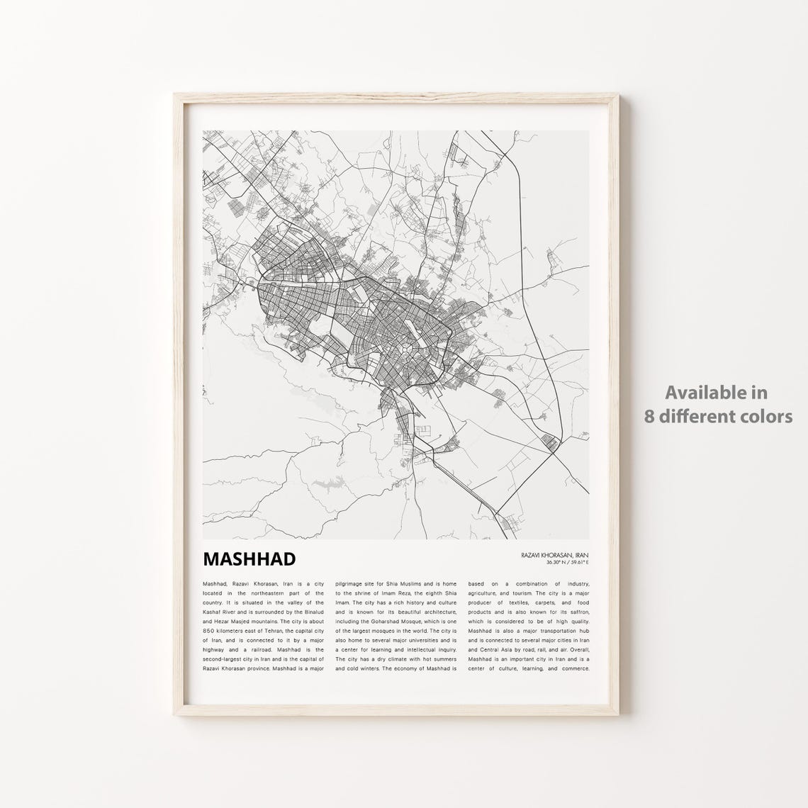Mashhad Map Print Travel Wall Decor Art Razavi Khorasan Housewarming Gift