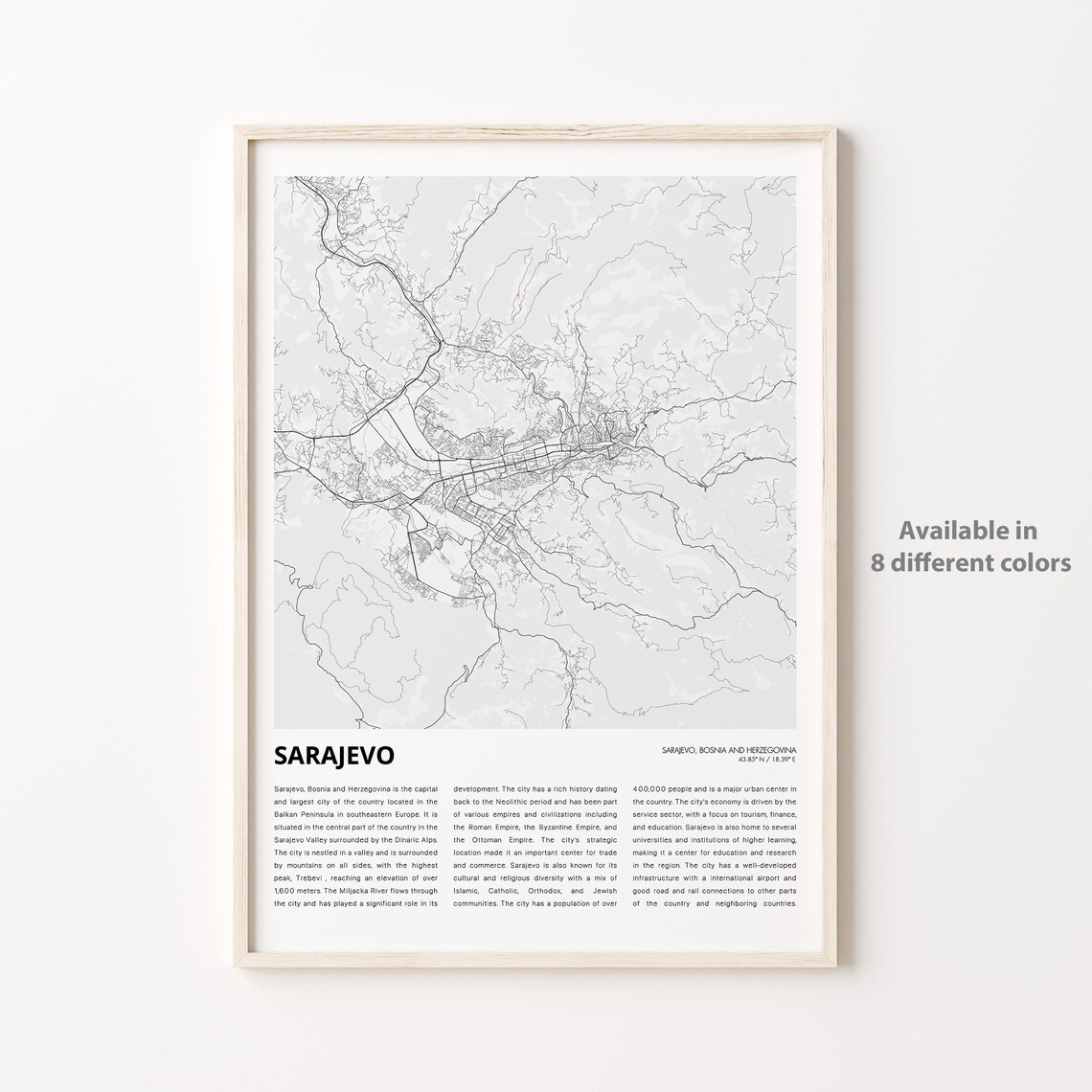 Sarajevo Map Travel Poster, Housewarming Wall Decor