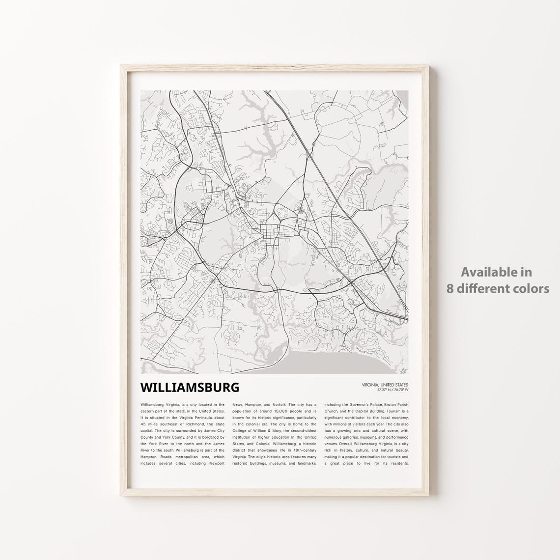 Williamsburg Virginia Minimalist City Map Travel Poster For Home Decor