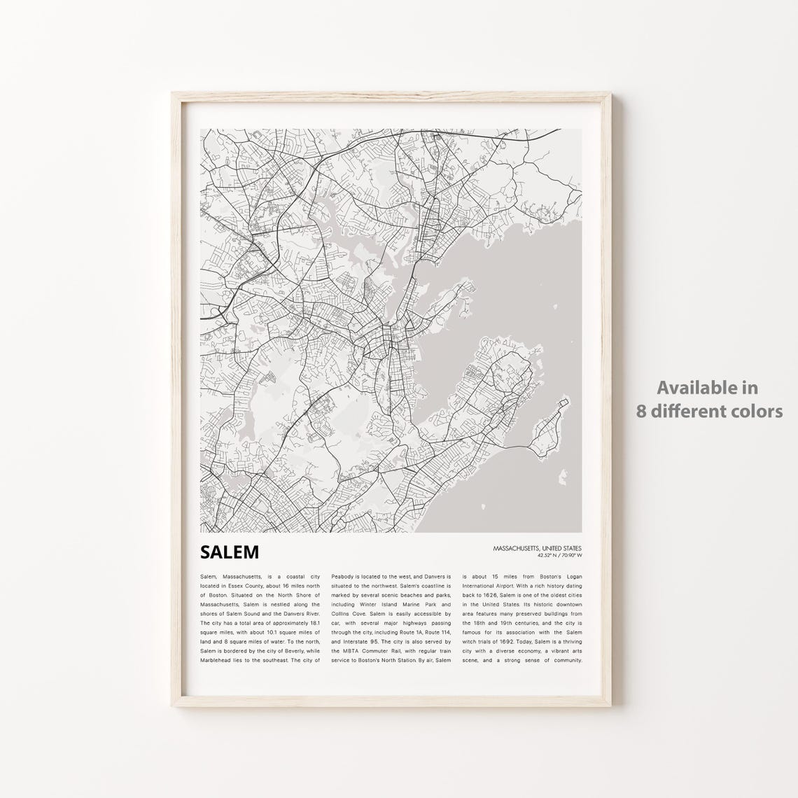 Salem Massachusetts Grey Street Map Coastal City Travel Poster