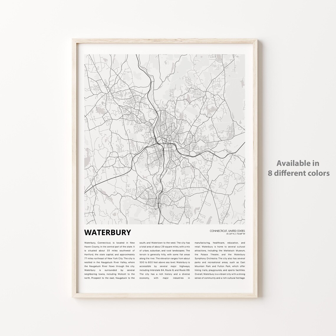 Waterbury Connecticut Minimalist City Map Monochrome Travel Poster