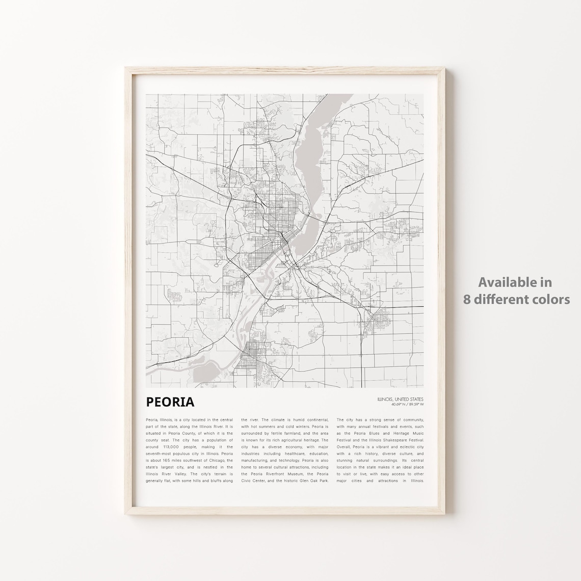 Peoria Illinois Minimalist Street Map Monochrome Travel Poster