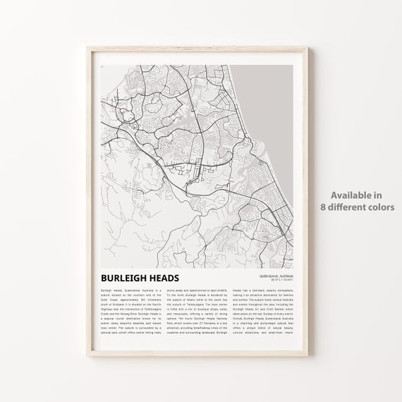 Burleigh Heads Map Print Travel Wall Decor Art Queensland Housewarming Gift