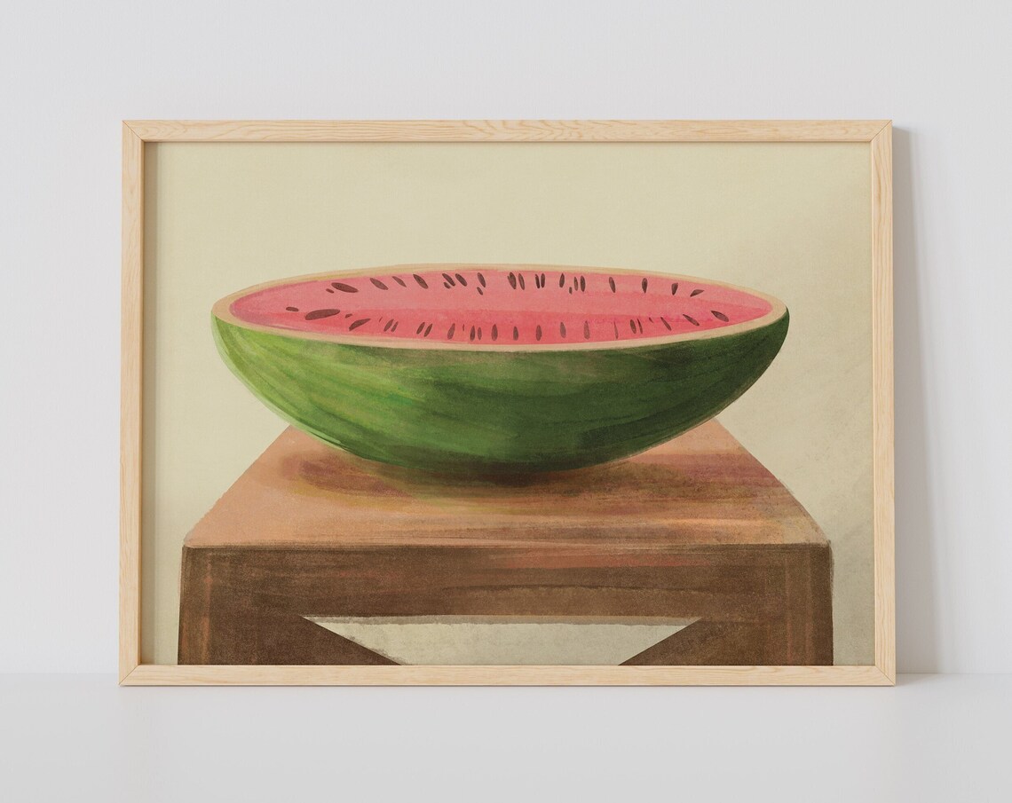 Half Watermelon Watercolor Still Life On Wooden Stool Poster