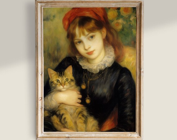 Young Woman Holding Tabby Cat Romantic Vintage Portrait Painting Poster