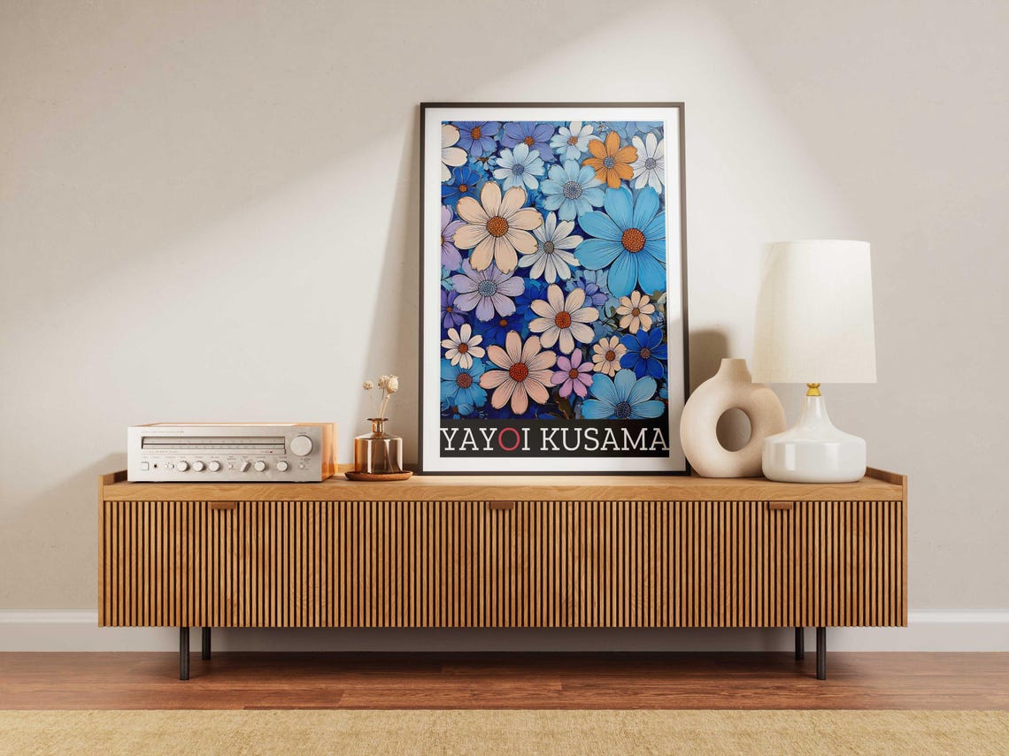 Yayoi Kusama Inspired Blue Daisy Flower Meadow Scene Art Poster - Image 5