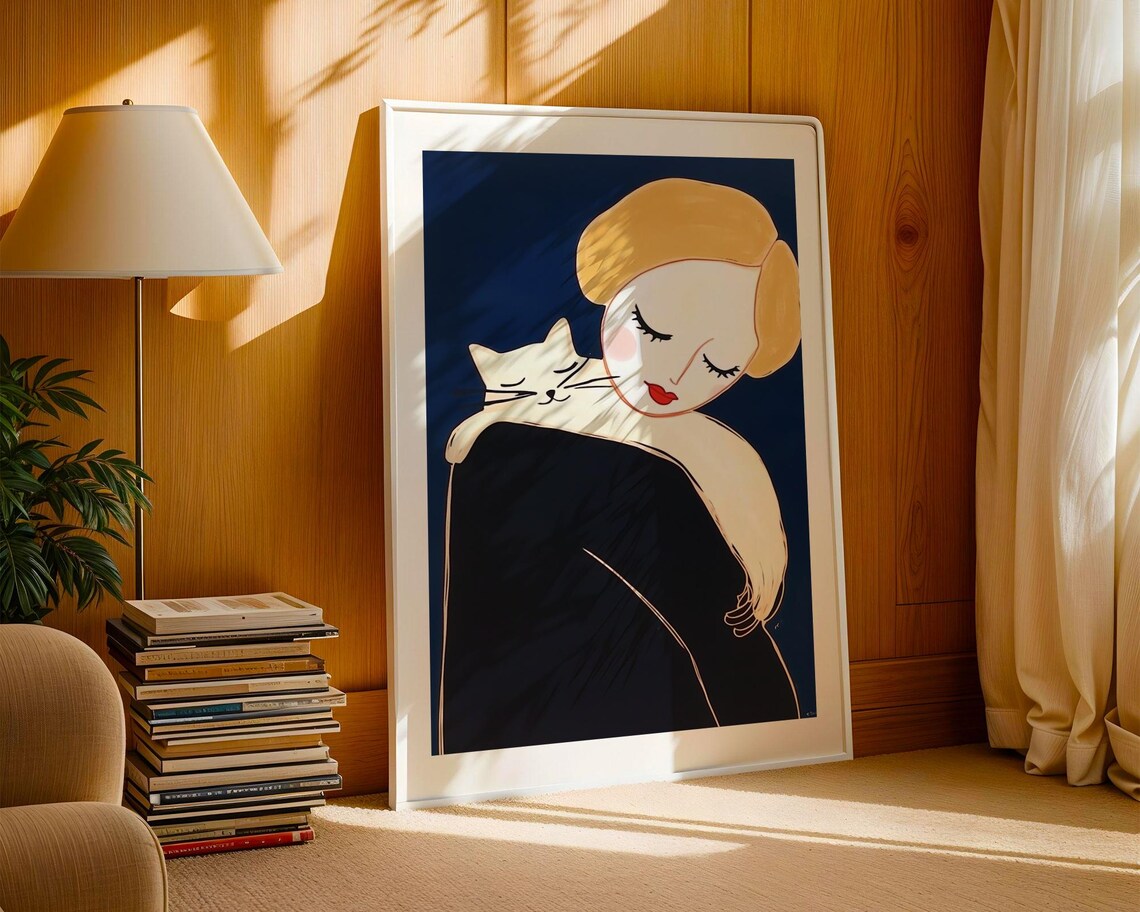 Blonde Woman Holding White Cat Navy Blue Modern Portrait Poster - Image 3