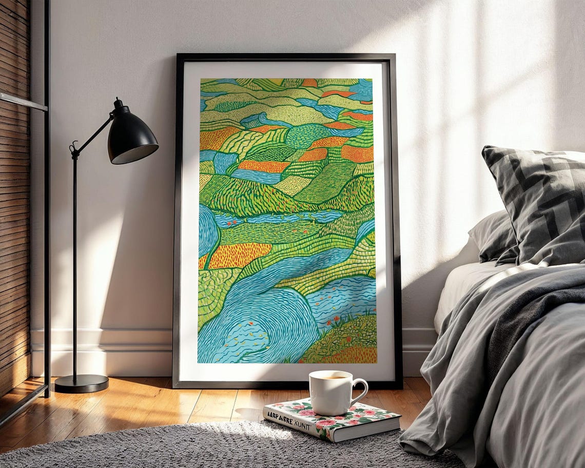 Abstract Green Blue And Orange Winding River Valley Nature Poster - Image 2