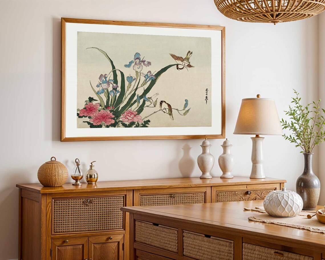 Katsushika Hokusai Iris Peonies Sparrows, Ukiyo-E - Image 3