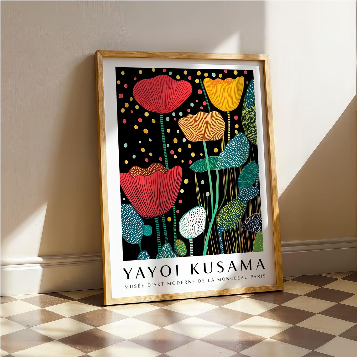 Yayoi Kusama Red and Yellow Poppy Flowers on Black Museum Poster