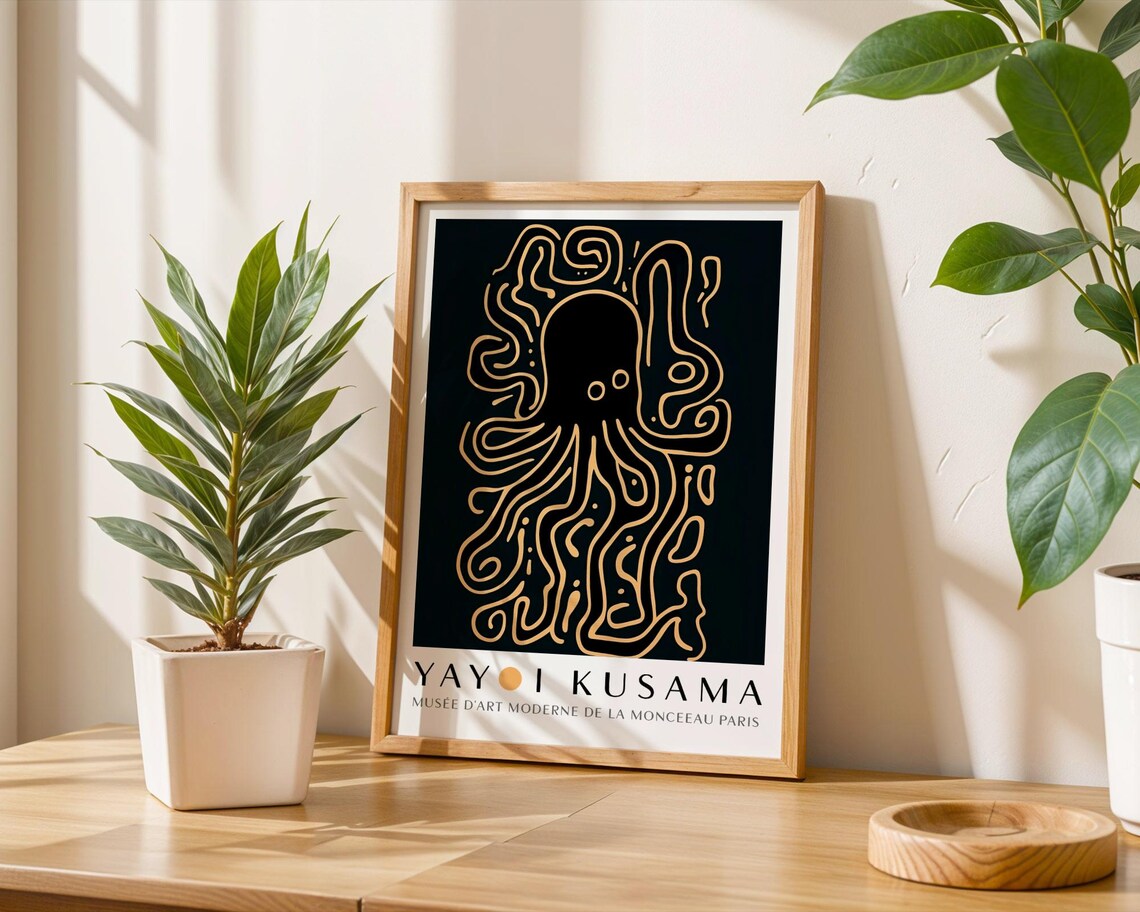 Golden Line Art Octopus With Tentacles On Black Kusama Museum Poster - Image 6