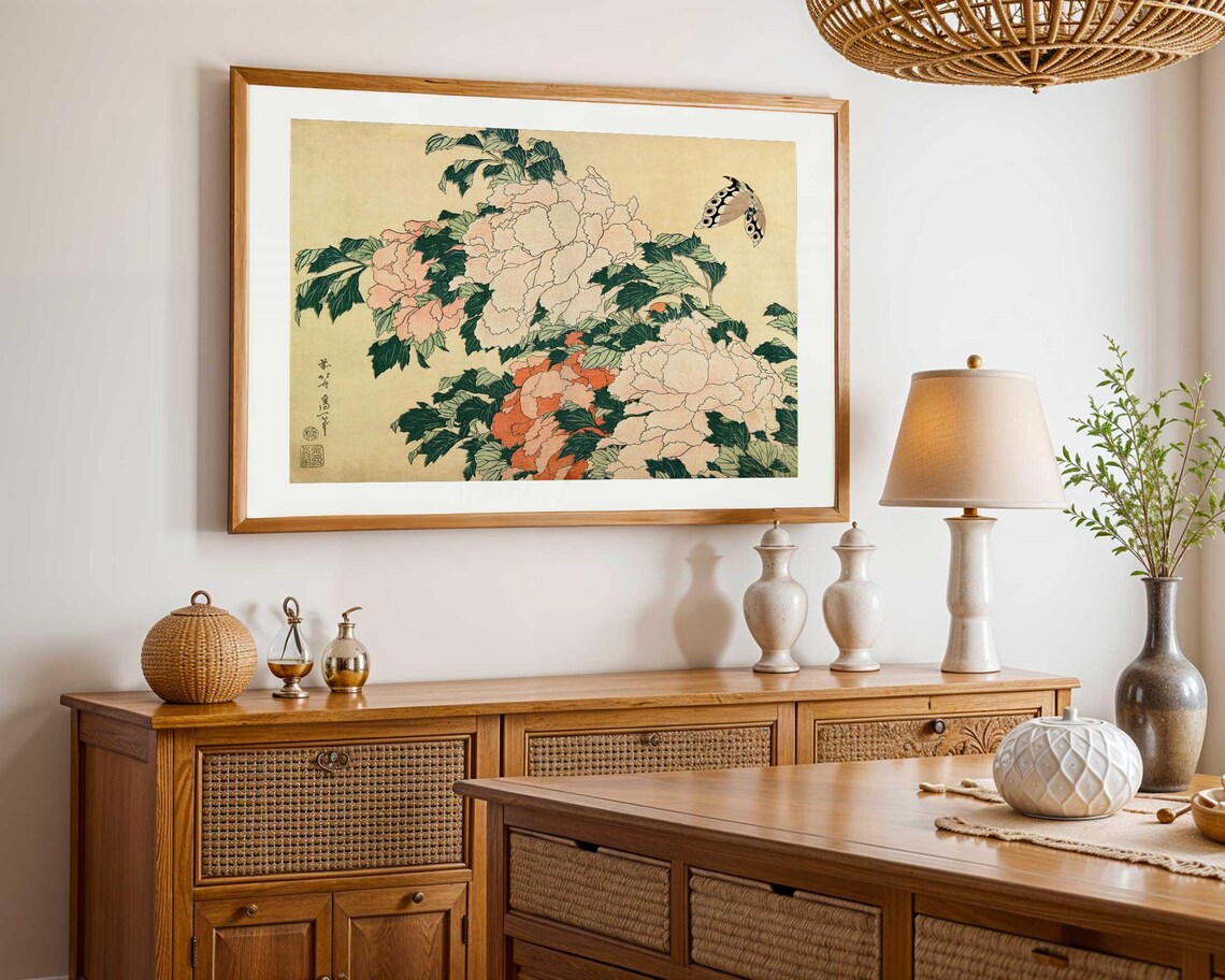Katsushika Hokusai Peonies And Butterfly, Ukiyo-E Art Print - Image 3