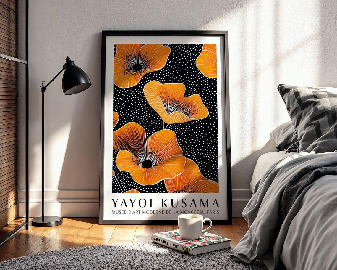 Yayoi Kusama Orange Poppy Flowers on Black Dotted Museum Poster - Image 2