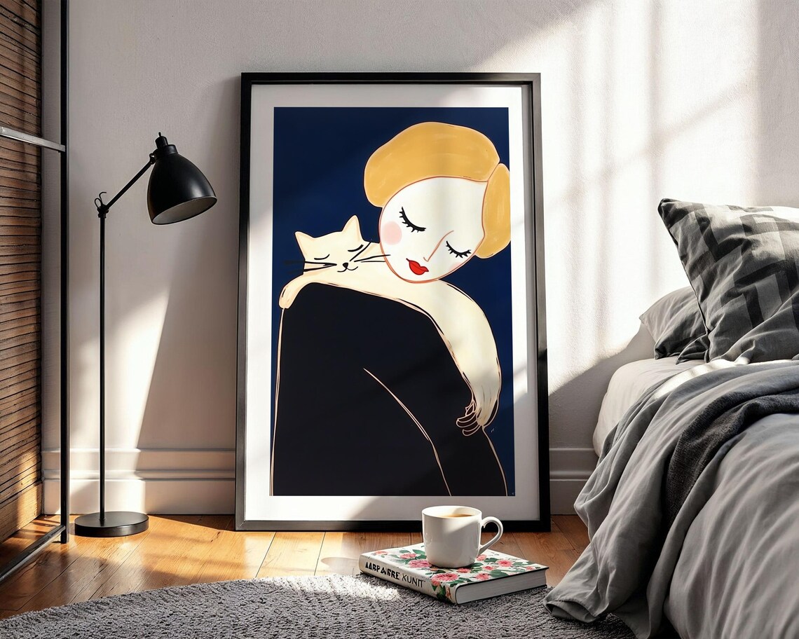 Blonde Woman Holding White Cat Navy Blue Modern Portrait Poster - Image 2
