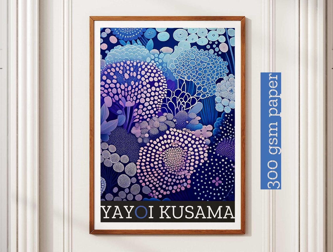 Yayoi Kusama Inspired Deep Blue Dotted Floral Abstract Poster