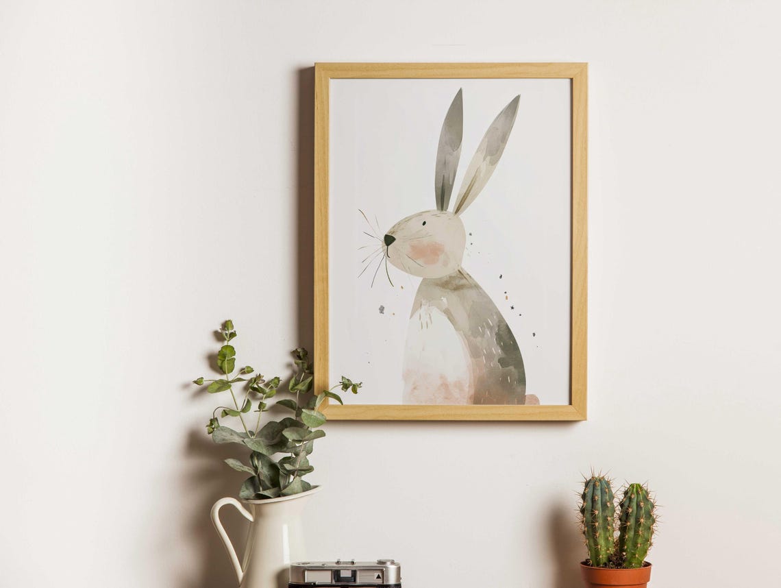 Watercolor Gray Rabbit With Tall Ears Minimal Nursery Poster - Image 5