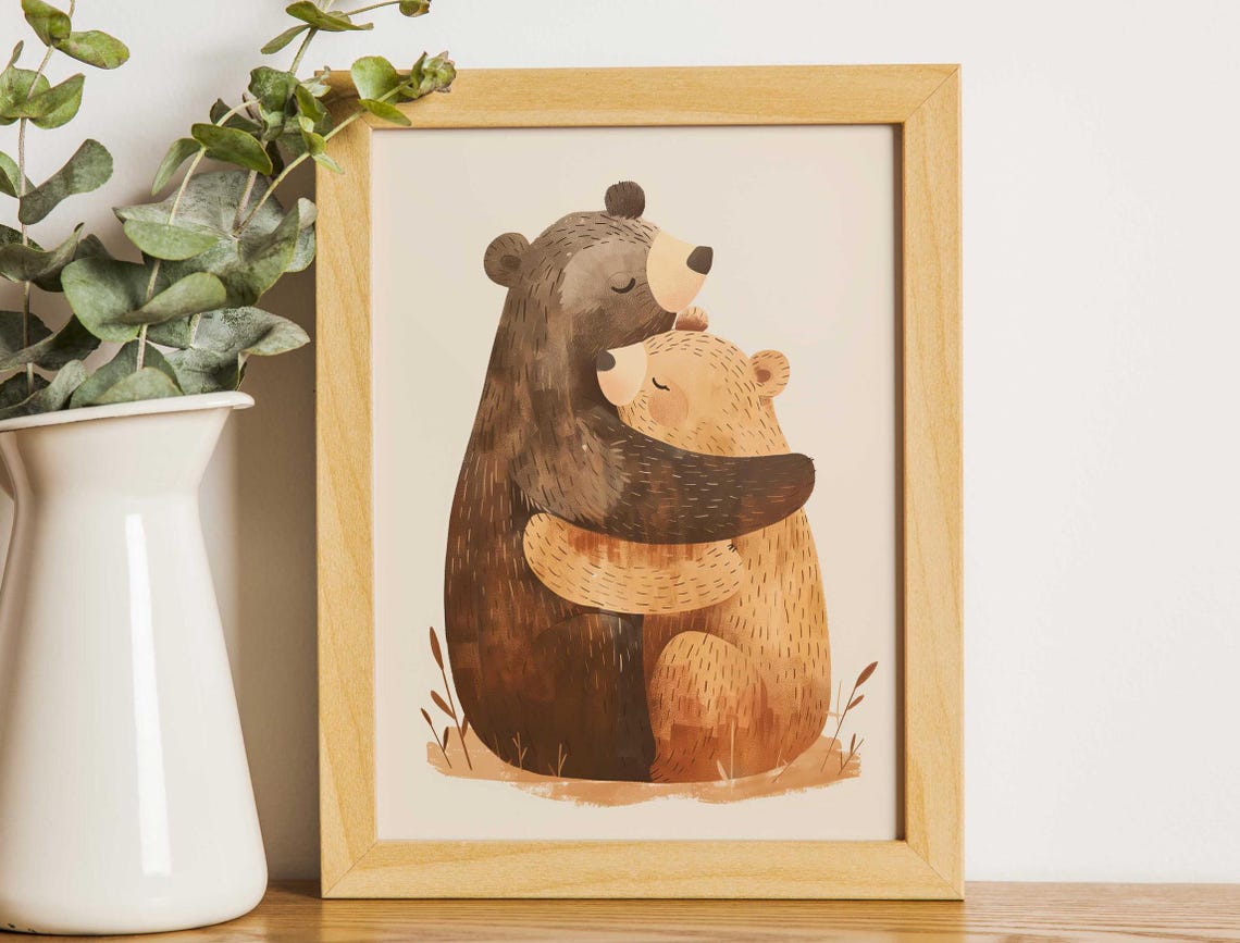 Two Brown Bears Hugging In Tall Grass Woodland Nursery Poster