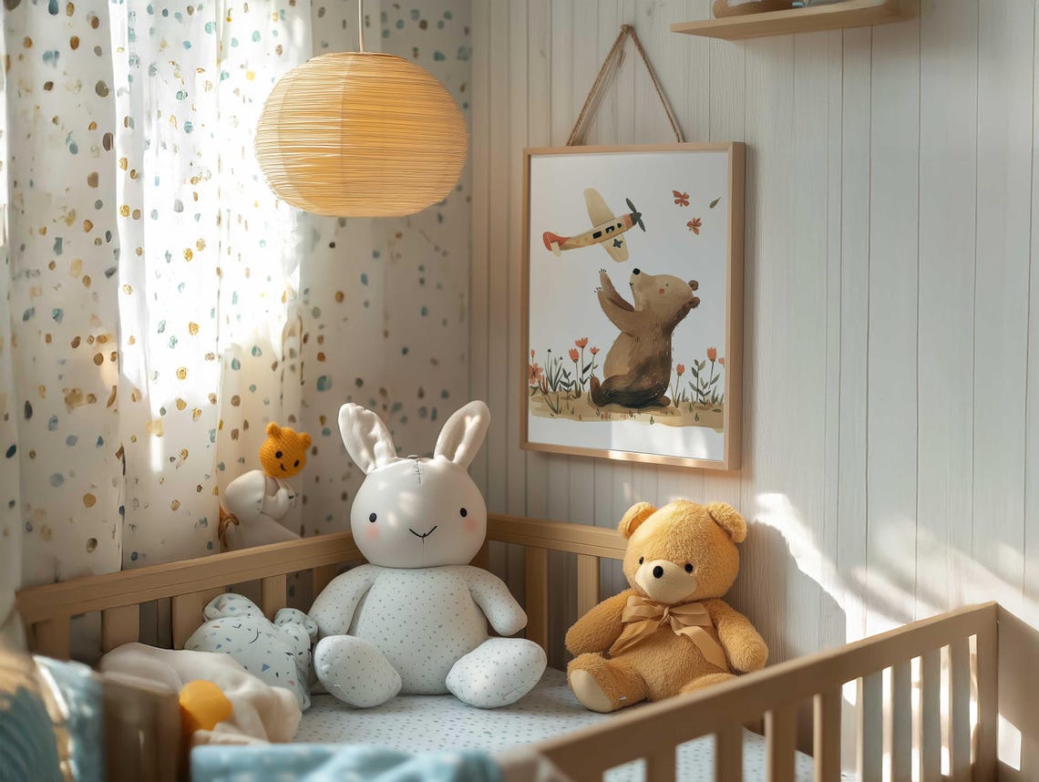 Playful Happy Brown Bear Reaching For Toy Airplane Nursery Poster - Image 4