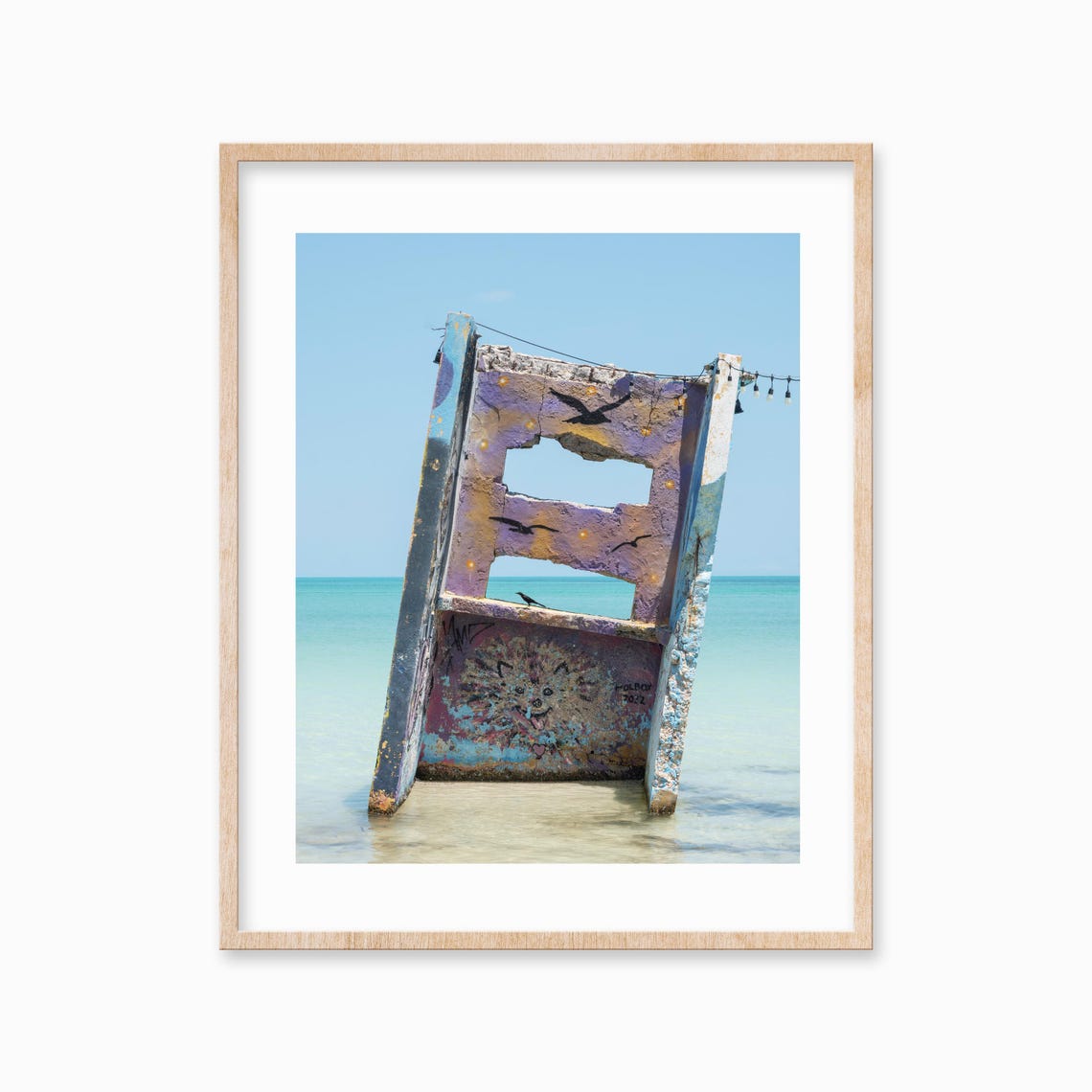 Weathered Painted Pier Ruin Bird Murals Turquoise Ocean Photo Poster