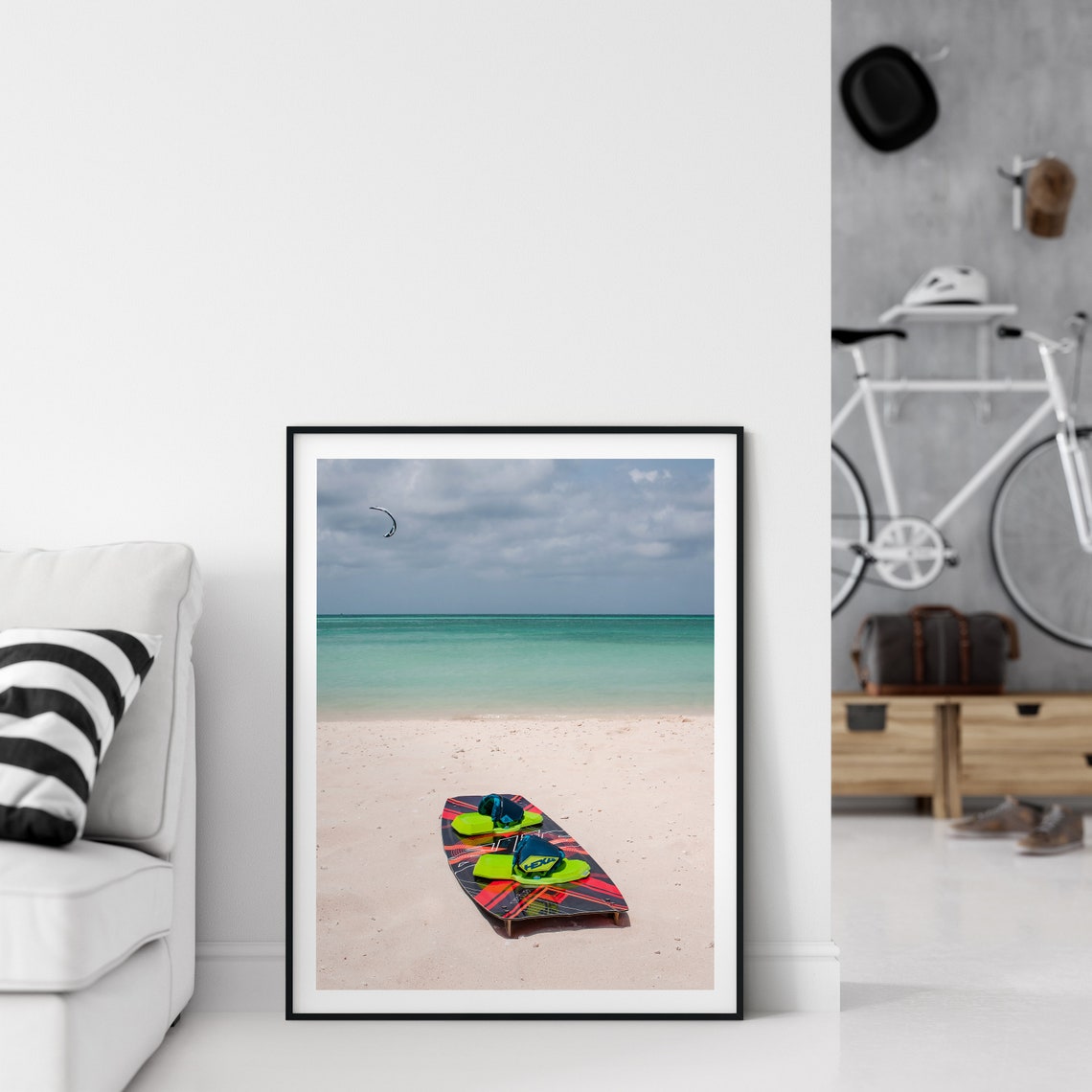 Kitesurfing Board on White Sand Beach Turquoise Sea Photography Poster - Image 2