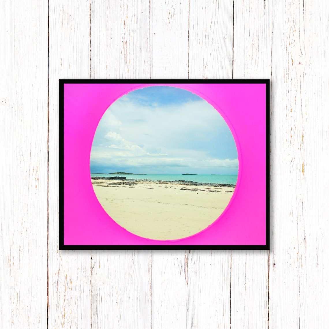 Porthole View of a Tropical Beach on Hot Pink Pop Art Poster - Image 2