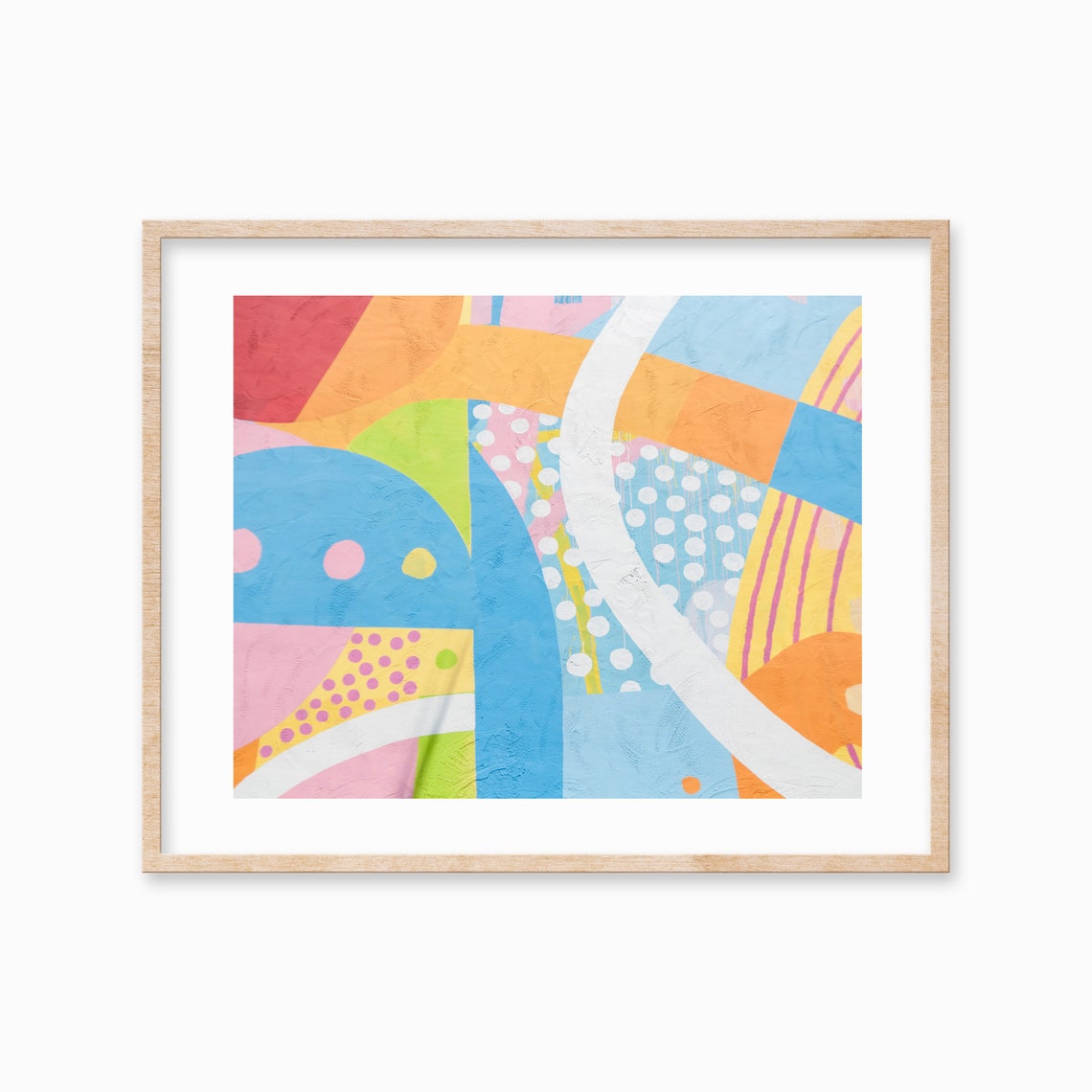 Blue Pink Orange Abstract Mural with Polka Dots Stripes Poster