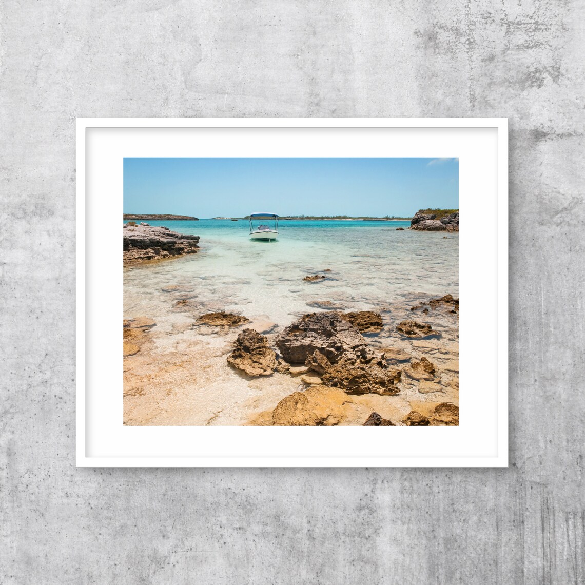 Anchored Boat in Crystal Clear Shallow Water Rocky Cove Poster - Image 3