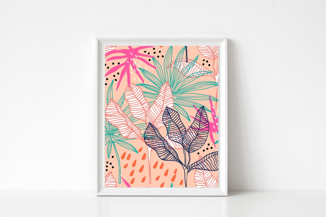 Tropical Leaves Line Art Peach Botanical Foliage Pattern Poster - Image 2